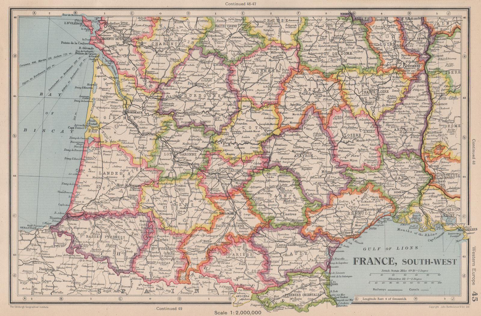 FRANCE SOUTH-WEST. Departements. BARTHOLOMEW 1944 old vintage map plan chart