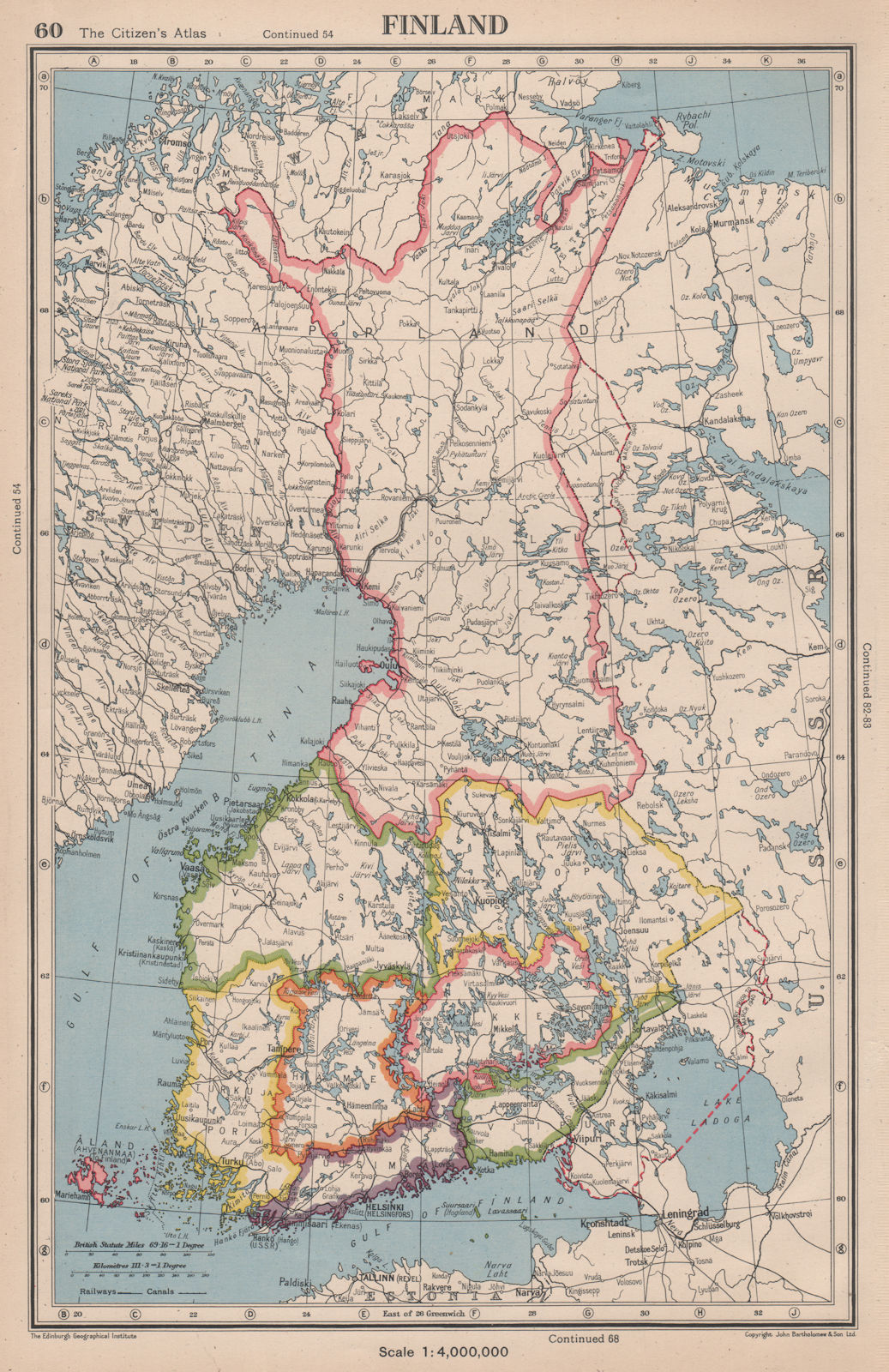 FINLAND showing provinces, and pre-1940 borders/changes 1944 old vintage map