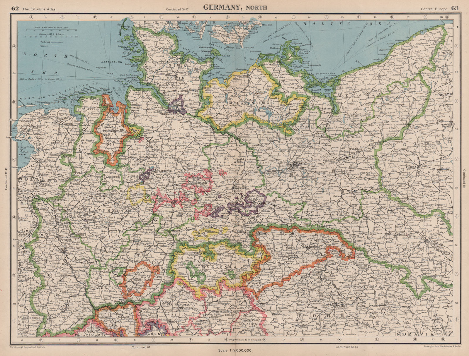 NORTHERN GERMANY. Prussia. BARTHOLOMEW 1944 old vintage map plan chart