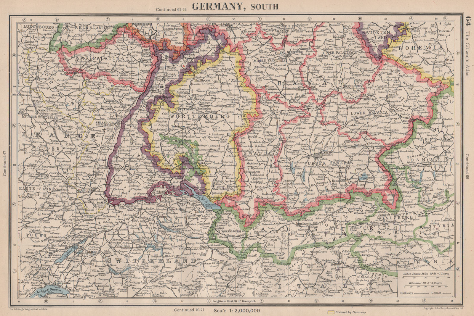Associate Product SOUTHERN GERMANY. Bavaria Wurttemberg Saar Baden. BARTHOLOMEW 1944 old map