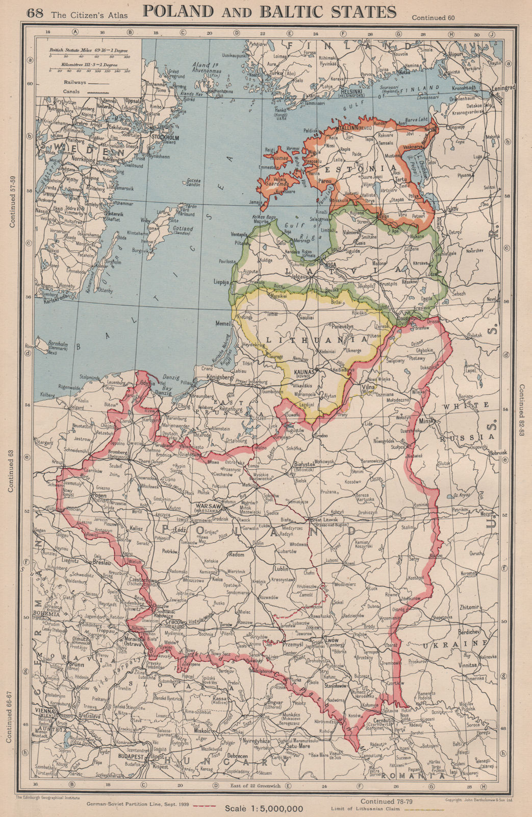 POLAND & BALTIC STATES. Showing 1939 German-Soviet partition line 1944 old map