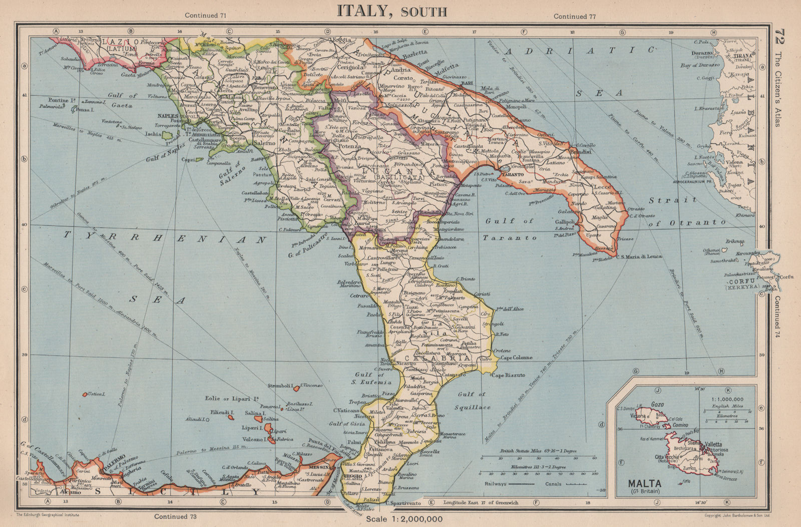 Associate Product ITALY SOUTH. Calabria Campania Lucania Puglia. inset Malta. BARTHOLOMEW 1944 map