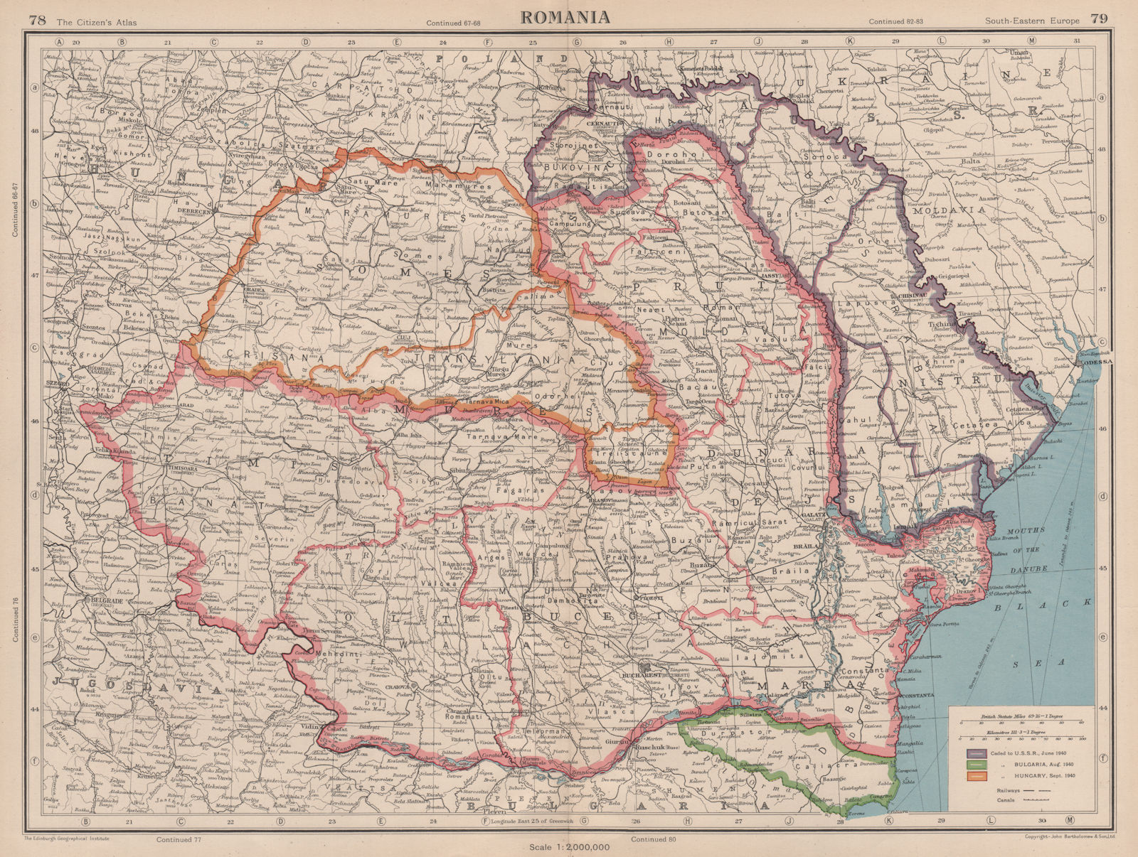 ROMANIA showing land ceded to USSR, Bulgaria & Hungary in 1940 1944 old map