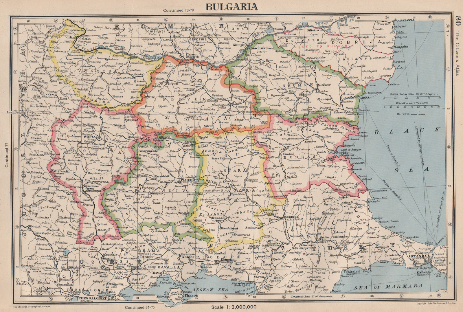 Associate Product BULGARIA showing okrugs/okrags & landed ceded by Romania in 1940 1944 old map