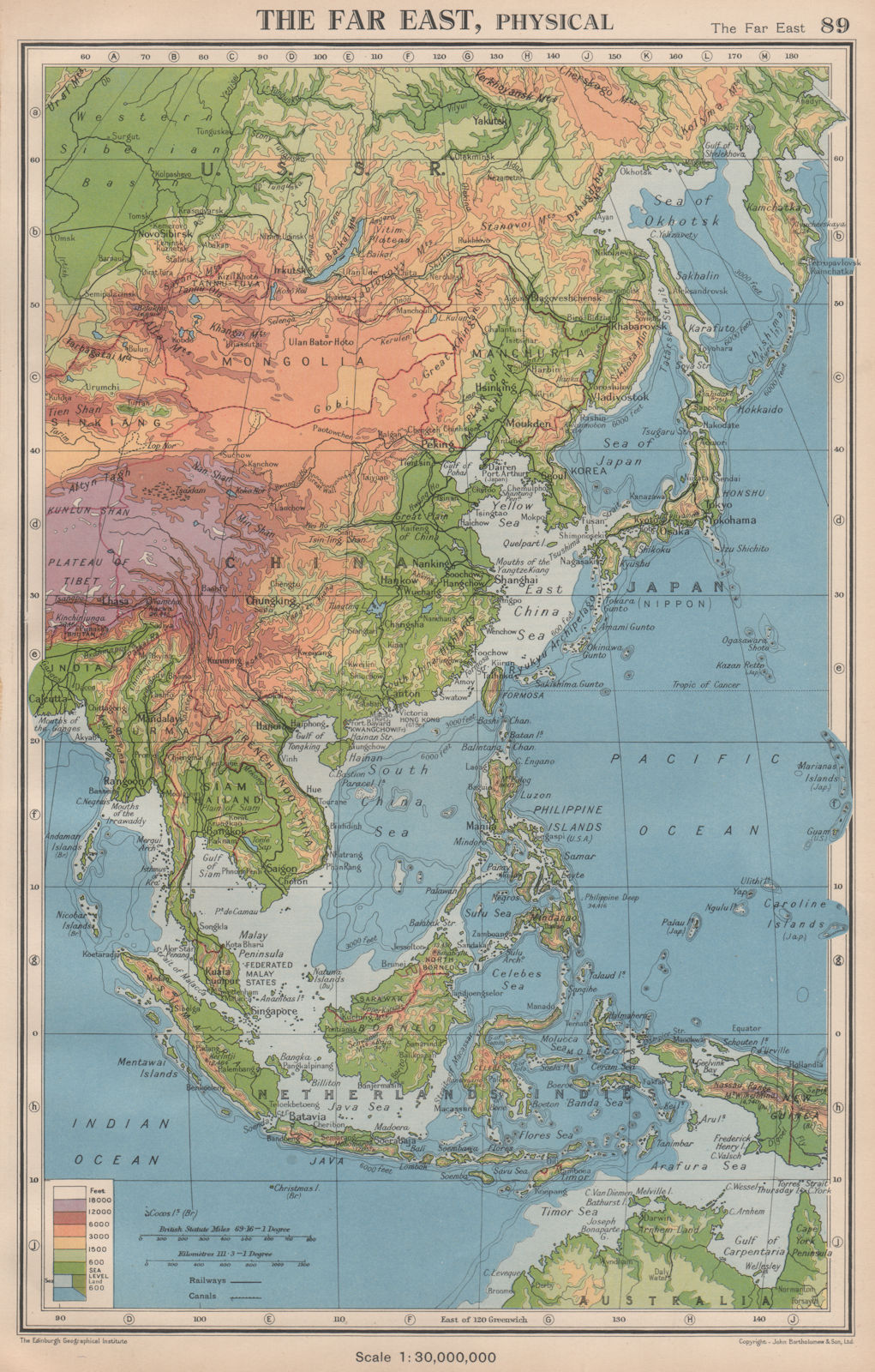THE FAR EAST PHYSICAL. East Asia East Indies. BARTHOLOMEW 1944 old vintage map