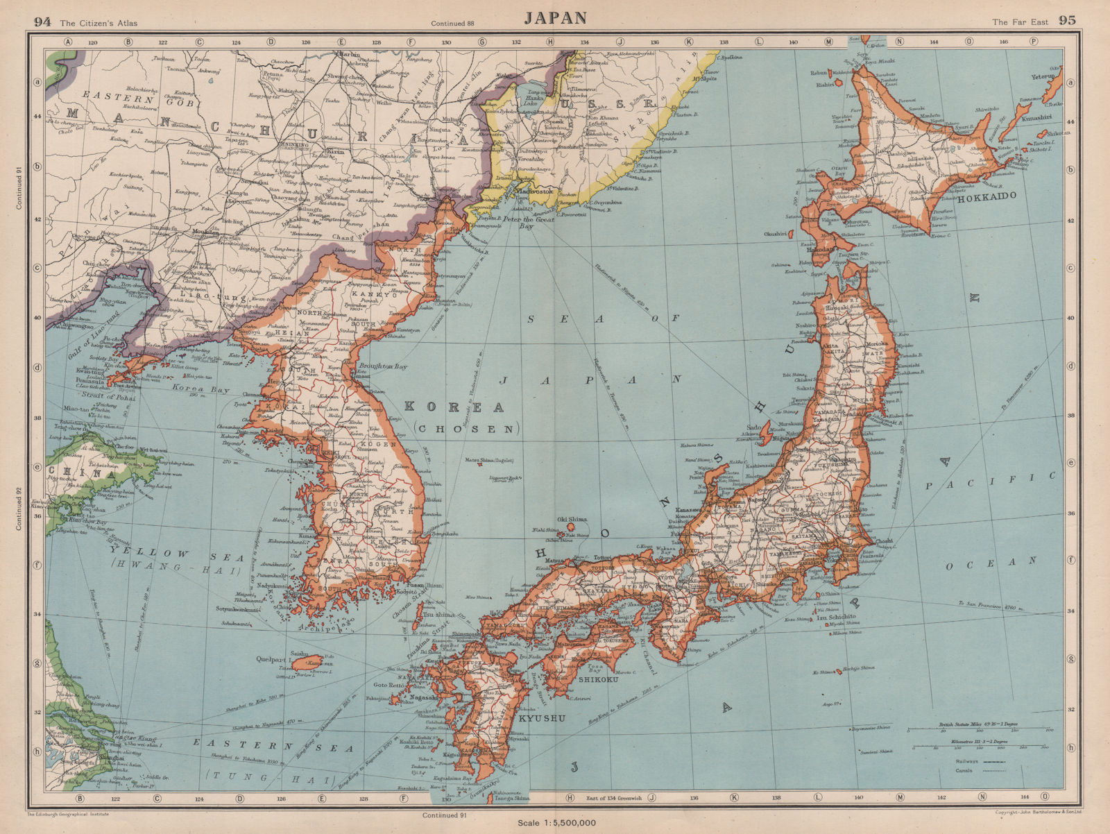 Associate Product JAPAN & KOREA. Shows Japanese occupied Manchuria. BARTHOLOMEW 1944 old map