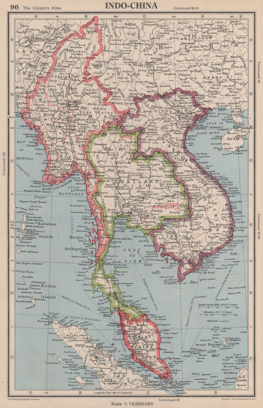 Associate Product INDOCHINA. Shows border changes from Franco–Thai War (1940-1941) 1944 old map