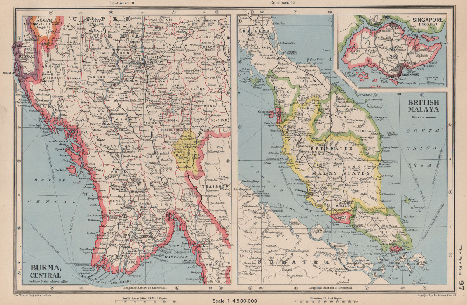 MALAYA & CENTRAL BURMA. Singapore Penang Malacca Federated Malay States 1944 map