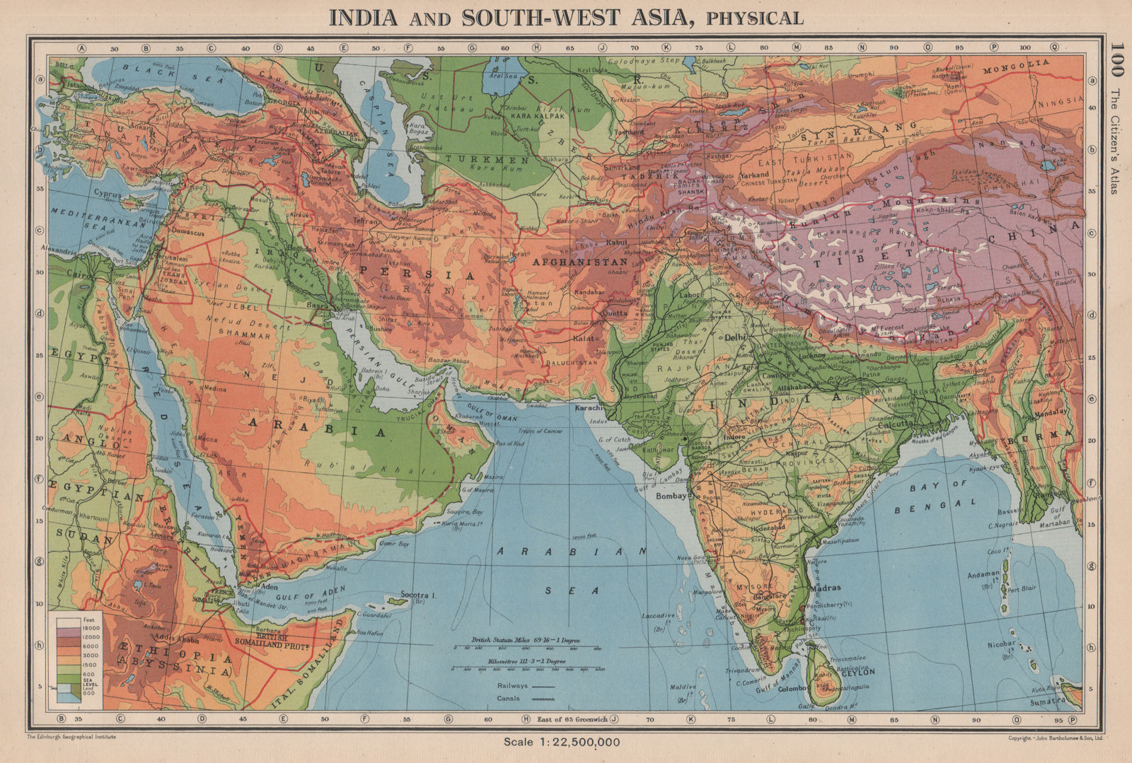 Associate Product SOUTH & SOUTH WEST ASIA. Physical. Main railways. BARTHOLOMEW 1944 old map