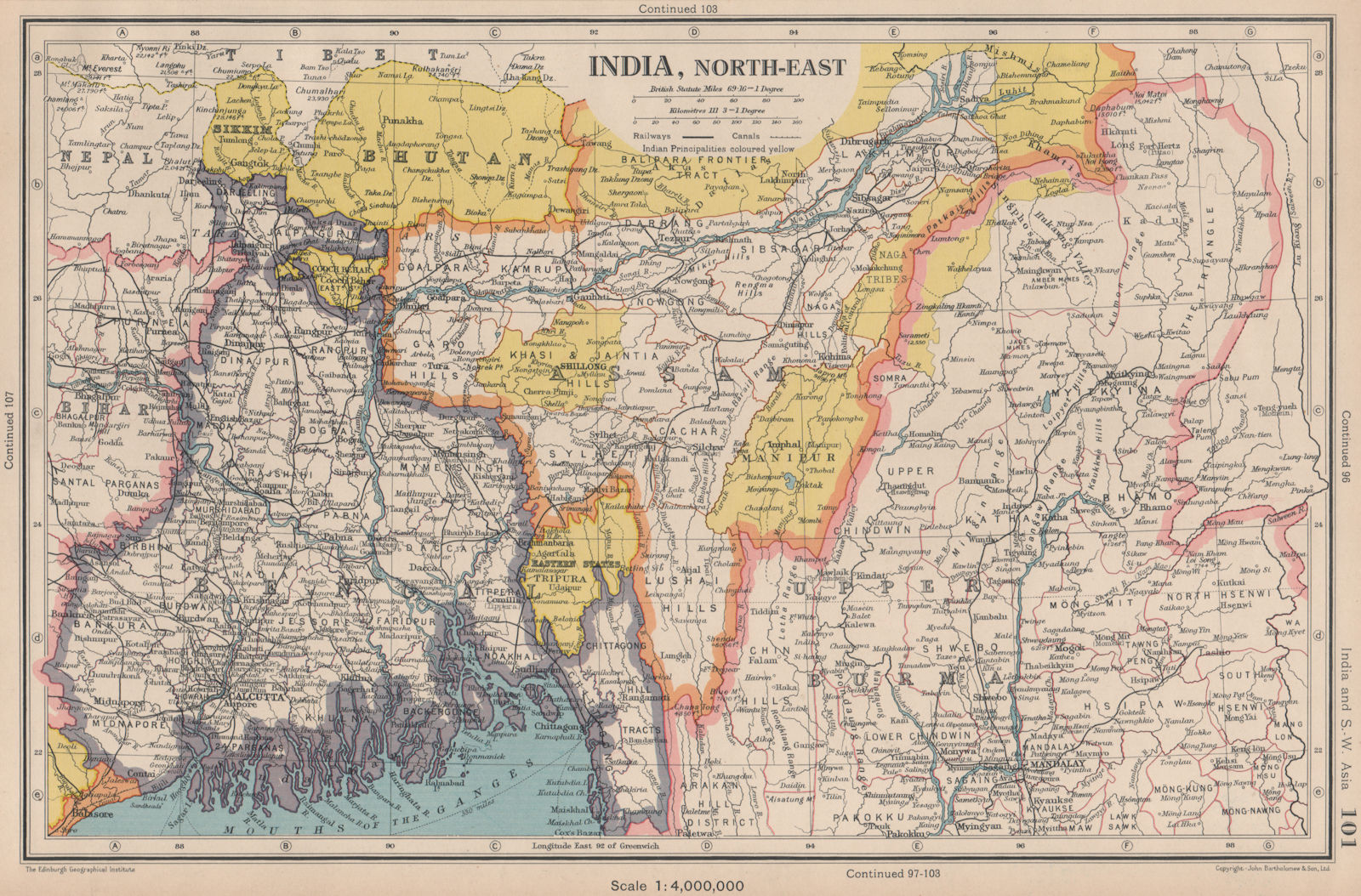 BRITISH INDIA NORTH EAST. Bengal Assam Bhutan Upper Burma. BARTHOLOMEW 1944 map