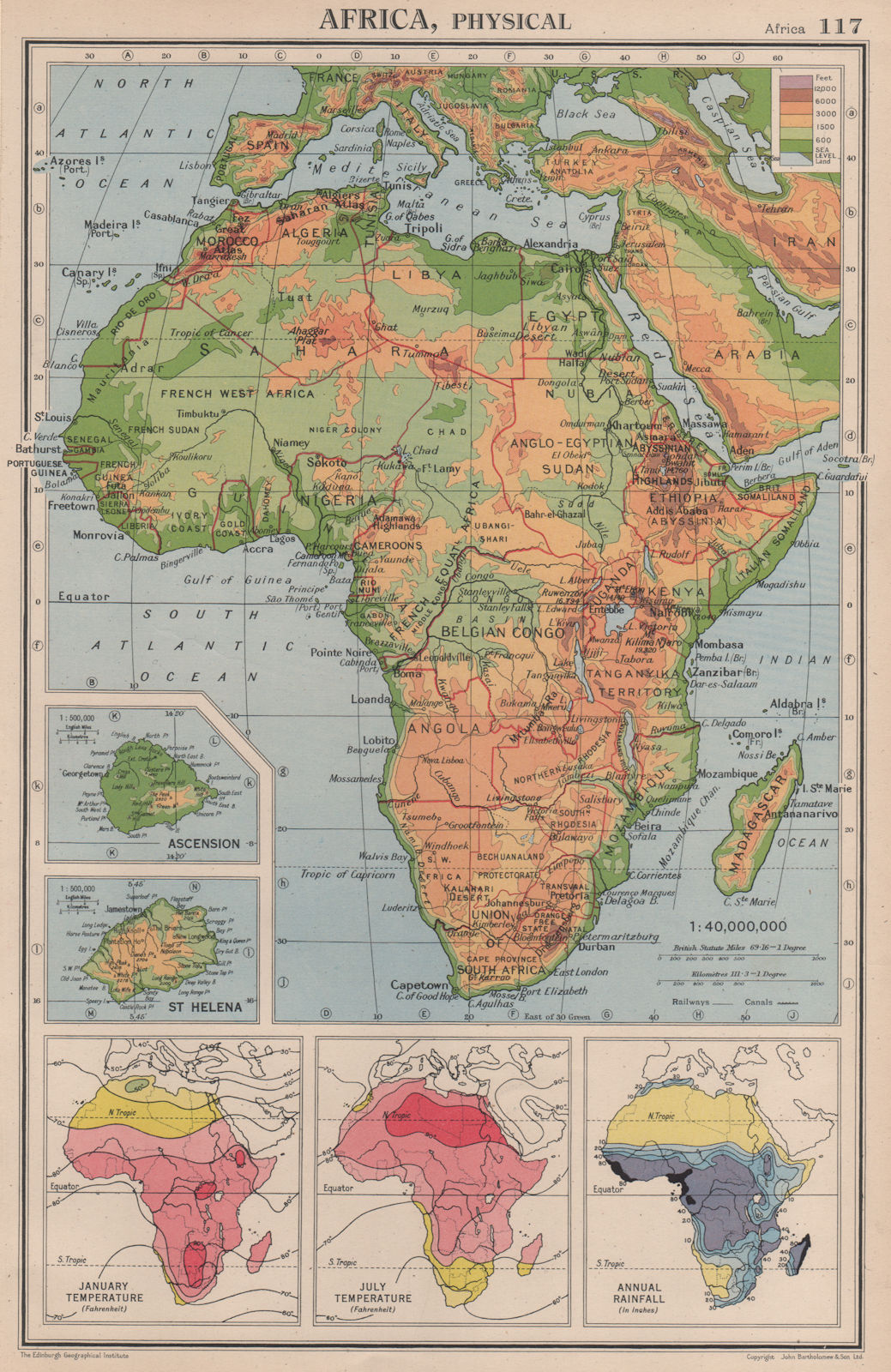 Associate Product AFRICA PHYSICAL & CLIMATE January July temperature Rainfall BARTHOLOMEW 1944 map