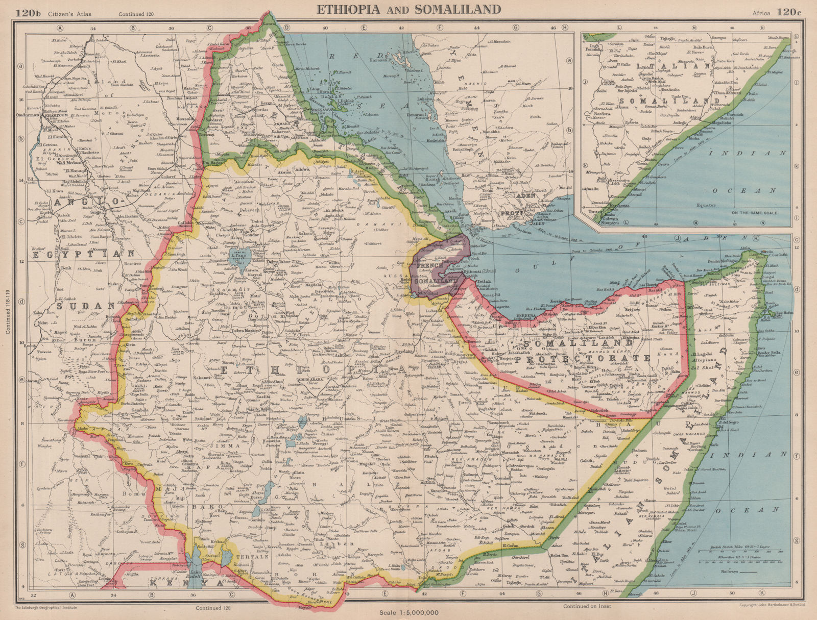 HORN OF AFRICA. Ethiopia French Somaliland Protectorate Somalia 1944 old map
