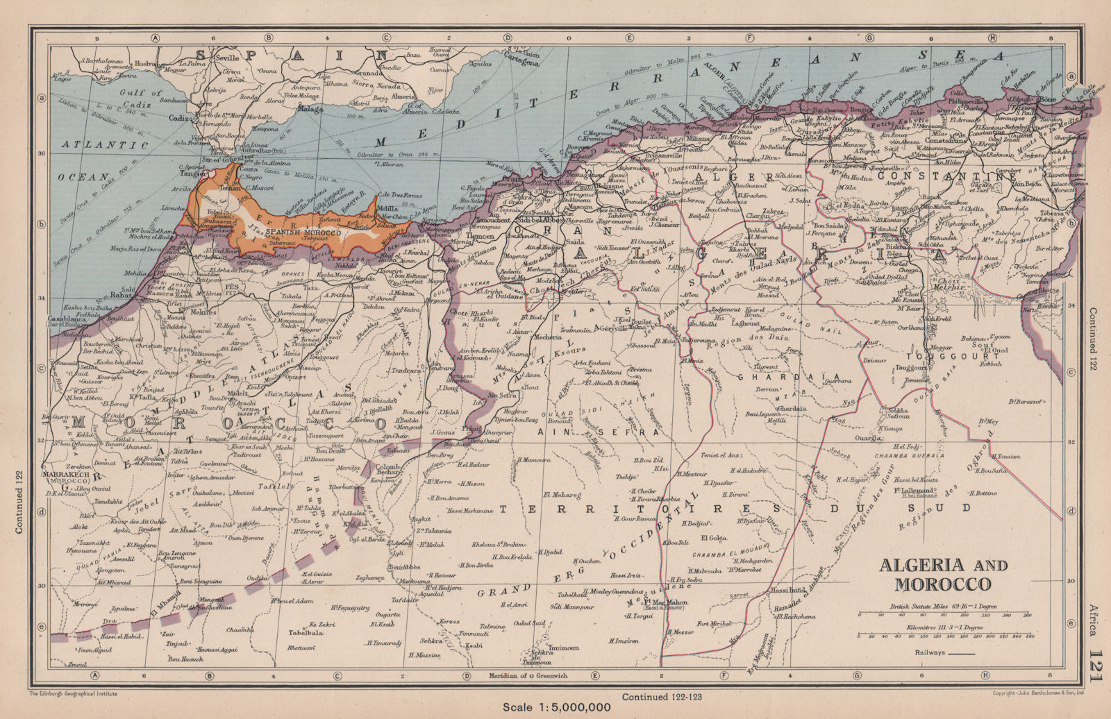 ALGERIA AND MOROCCO. showing Spanish Morocco. BARTHOLOMEW 1944 old vintage map