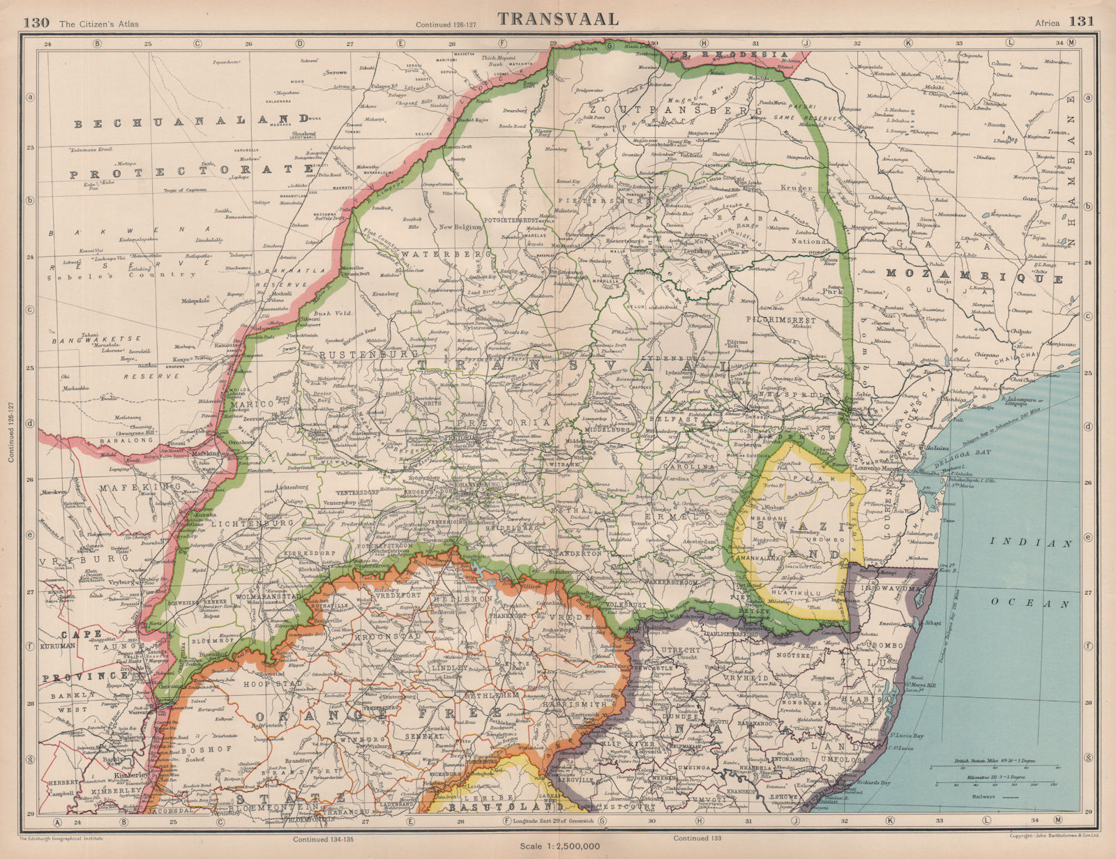 TRANSVAAL. South Africa. Railways. + Swaziland. BARTHOLOMEW 1944 old map