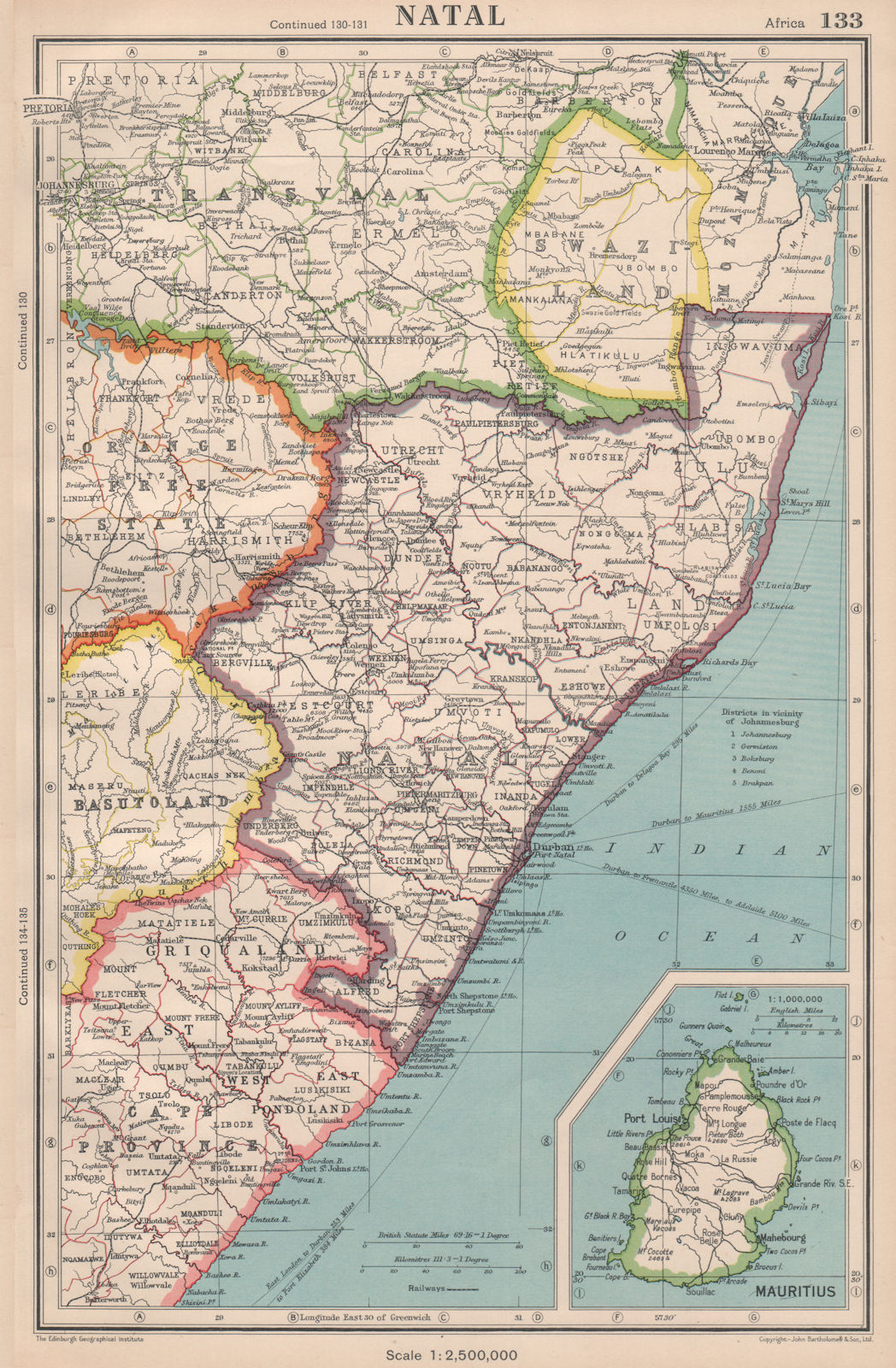Associate Product NATAL & SWAZILAND. inset Mauritius. South Africa. BARTHOLOMEW 1944 old map