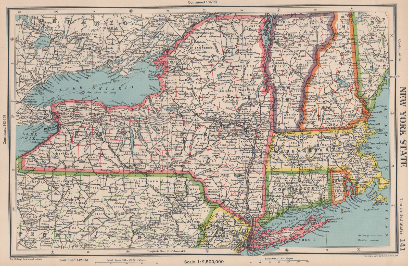 NEW YORK STATE. + Connecticut Vermont Massachusetts RI. BARTHOLOMEW 1944 map