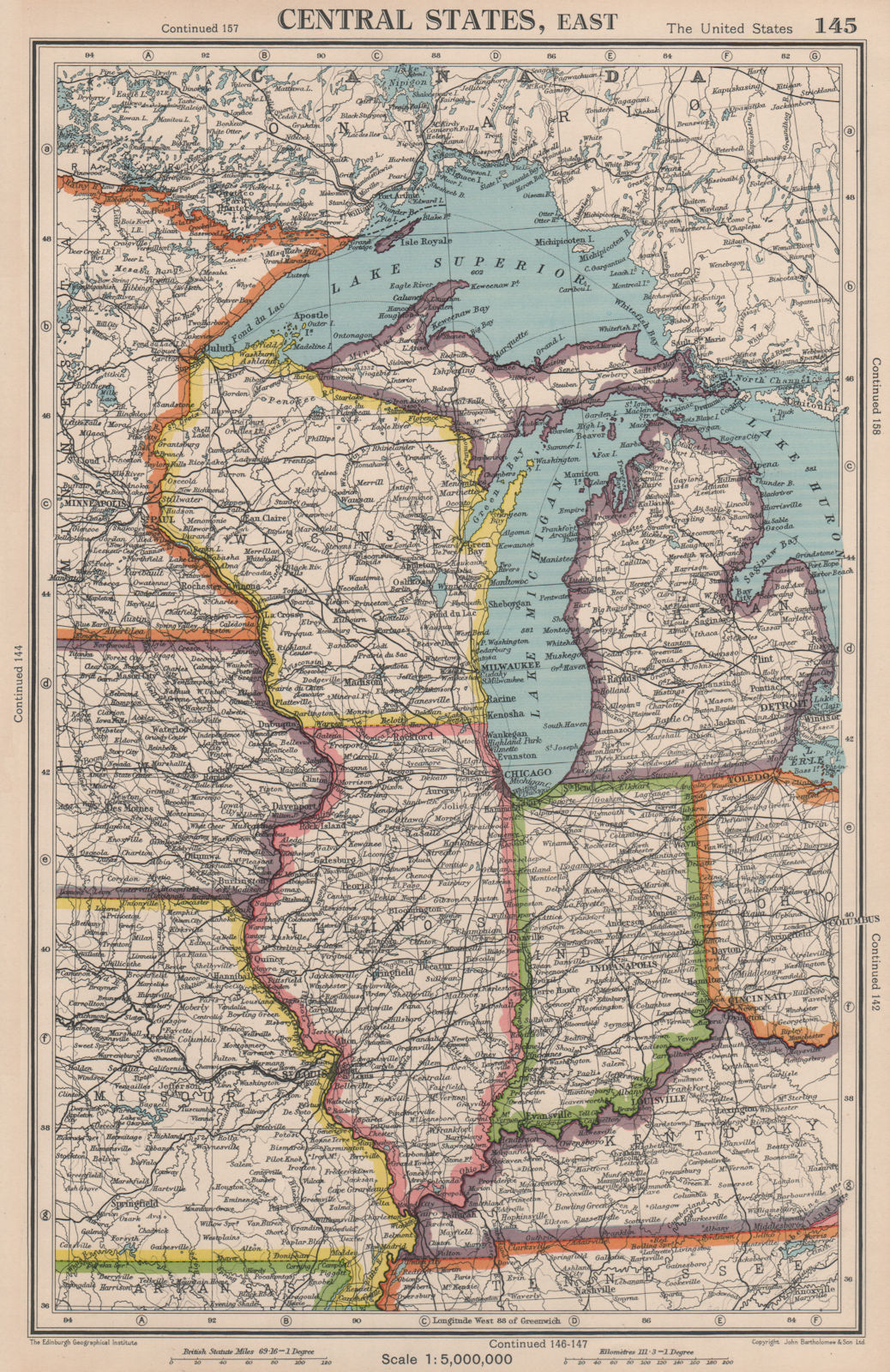 Associate Product MIDWEST USA. WI Michigan Illinois Indiana. Great Lakes. BARTHOLOMEW 1944 map