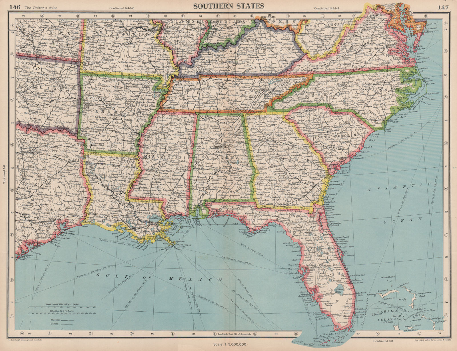 Associate Product USA SOUTHERN STATES Florida Georgia LA MS AL NC SC TN AR KY BARTHOLOMEW 1944 map