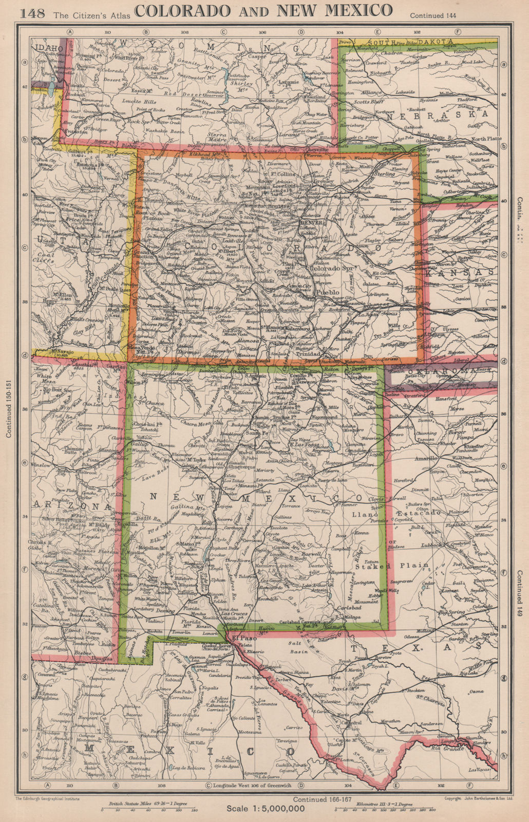 Associate Product COLORADO AND NEW MEXICO. USA state map. BARTHOLOMEW 1944 old vintage chart
