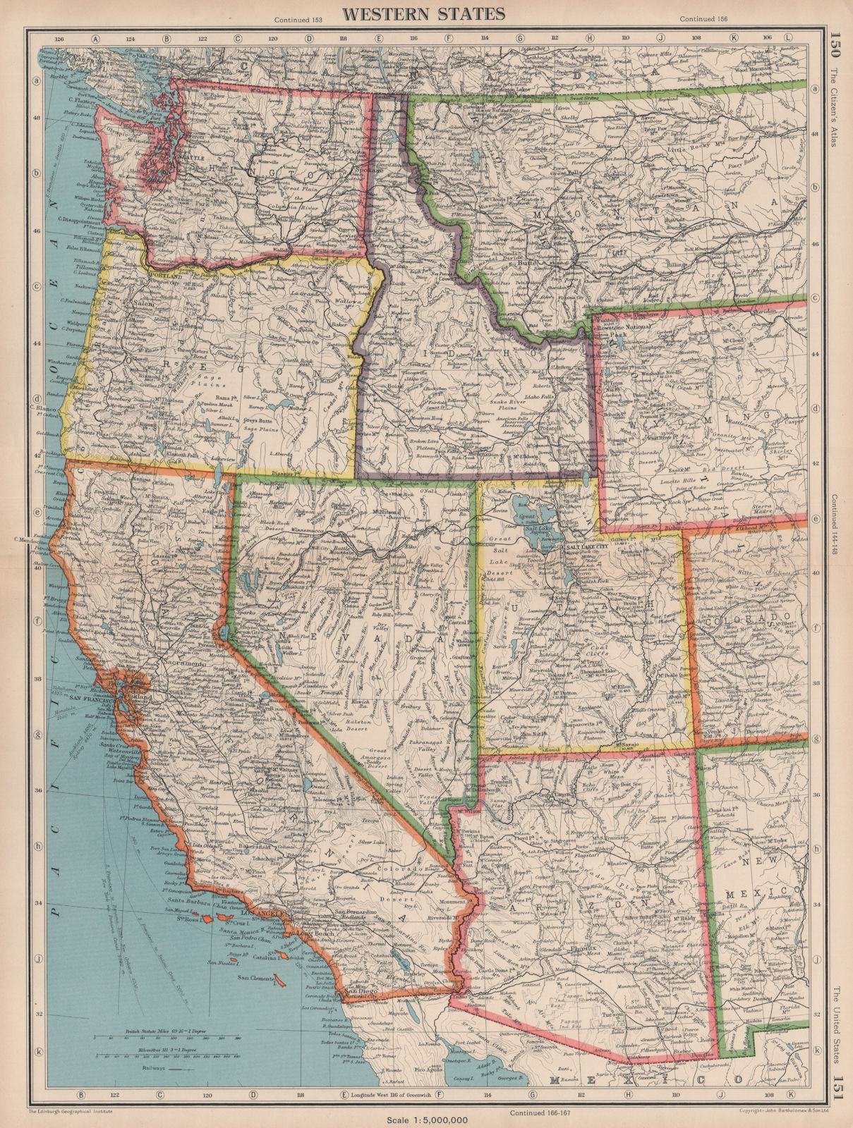 Associate Product USA WESTERN STATES. California Washington WA ID NV AZ UT. BARTHOLOMEW 1944 map
