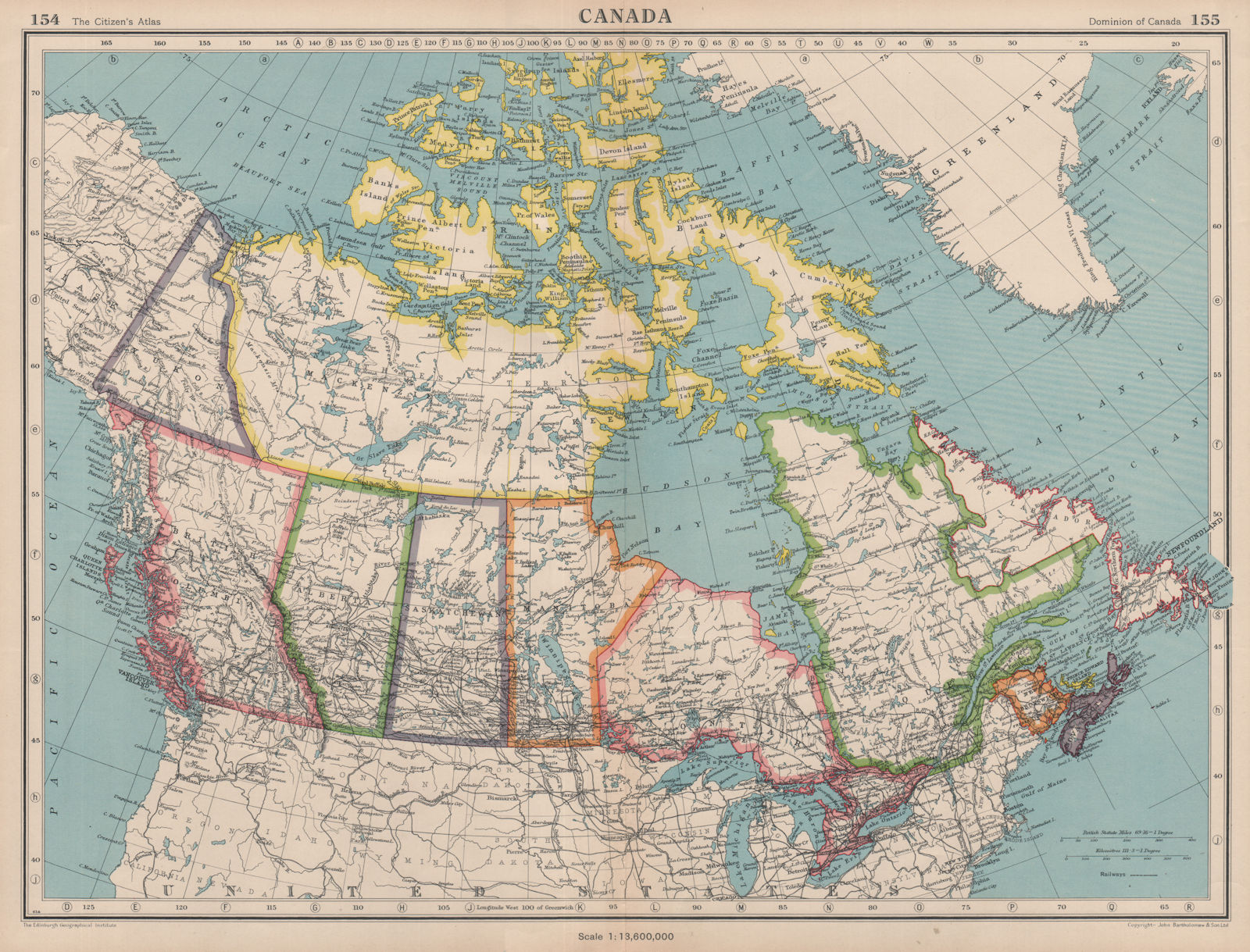 CANADA. showing provinces & railways. BARTHOLOMEW 1944 old vintage map chart