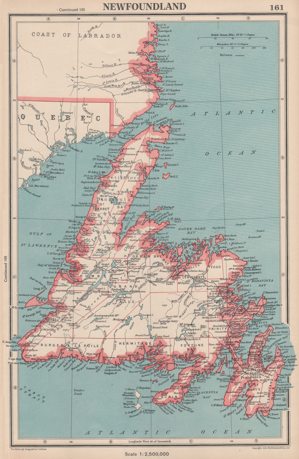 Associate Product NEWFOUNDLAND showing divisions. St Pierre Miquelon. Canada. BARTHOLOMEW 1944 map