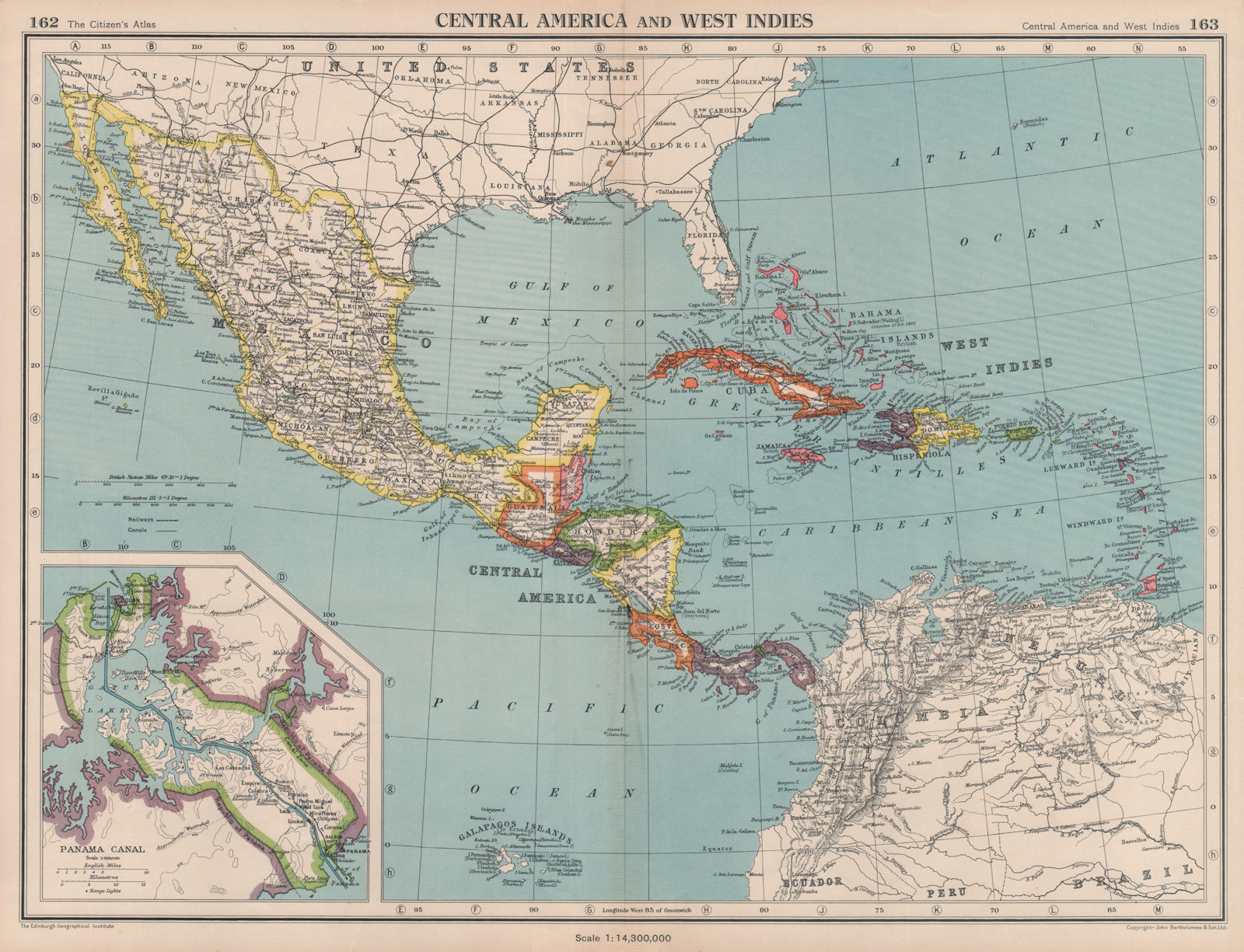 CARIBBEAN/CENTRAL AMERICA. Inset Panama Canal Zone. BARTHOLOMEW 1944 old map