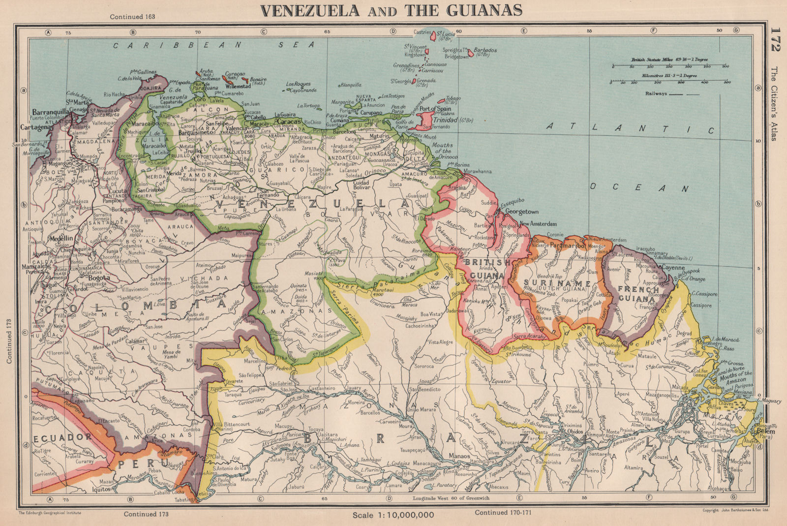 VENEZUELA & THE GUIANAS. British French Dutch Suriname. BARTHOLOMEW 1944 map