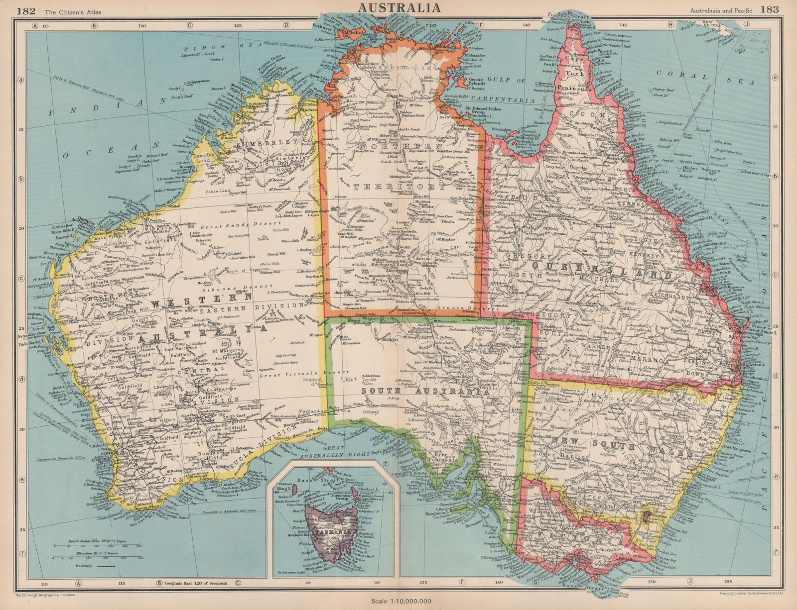 AUSTRALIA. Showing states and railways. BARTHOLOMEW 1944 old vintage map chart