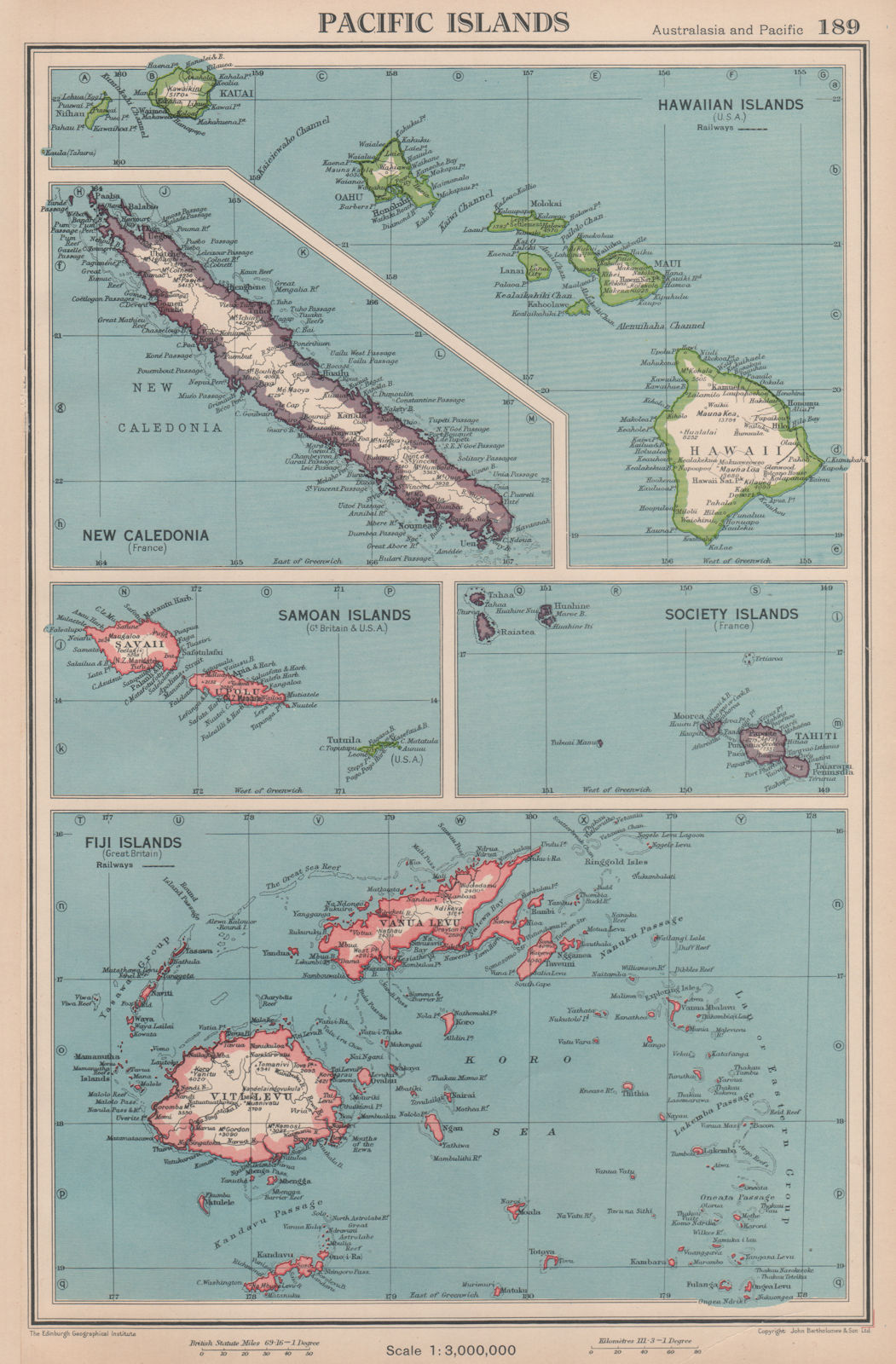 PACIFIC ISLANDS. Hawaii Samoa Fiji New Caledonia Society Islands 1944 old map
