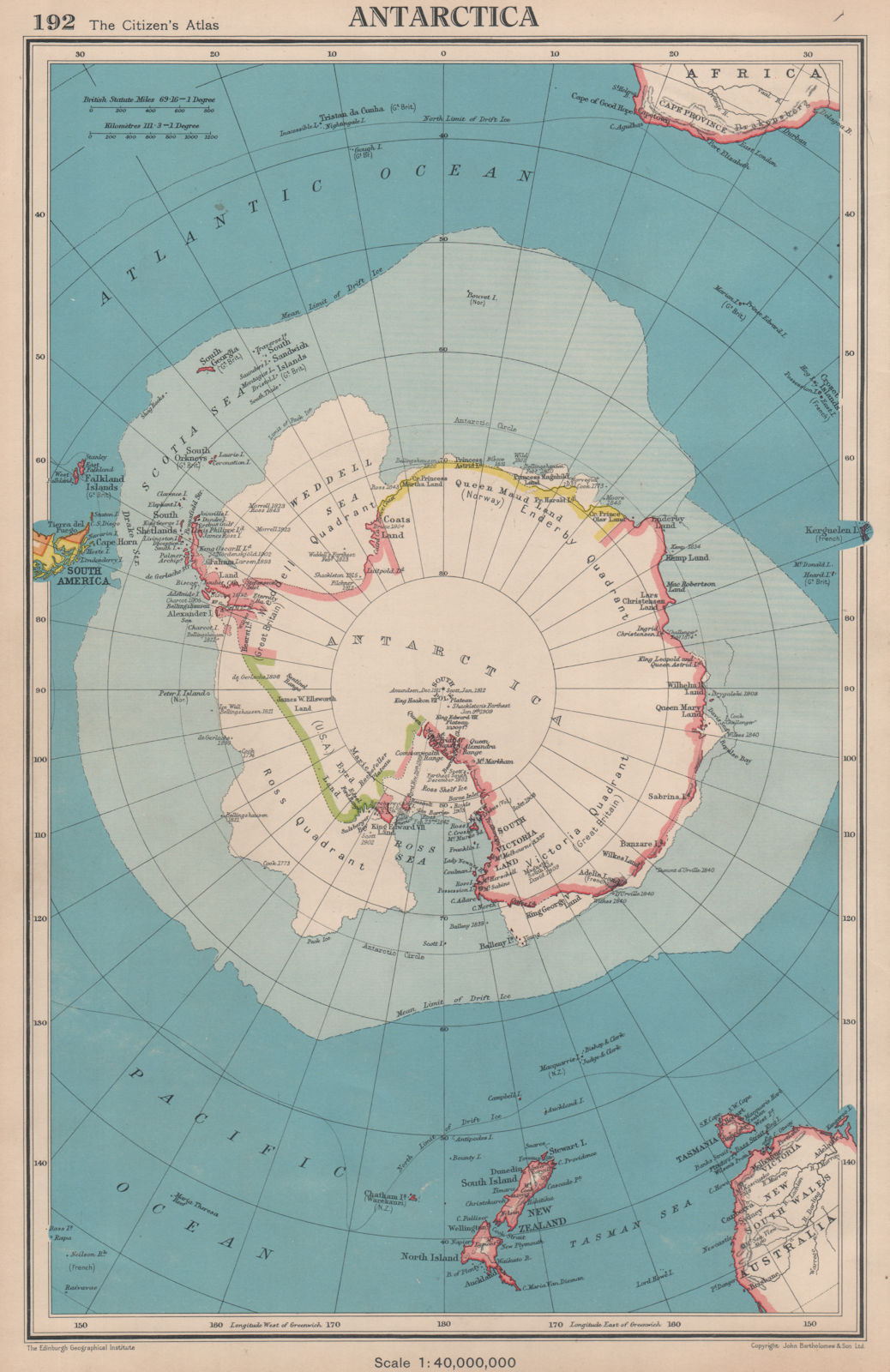 ANTARCTICA claims exploration Ross Enderby Weddell Victoria quadrants 1944 map