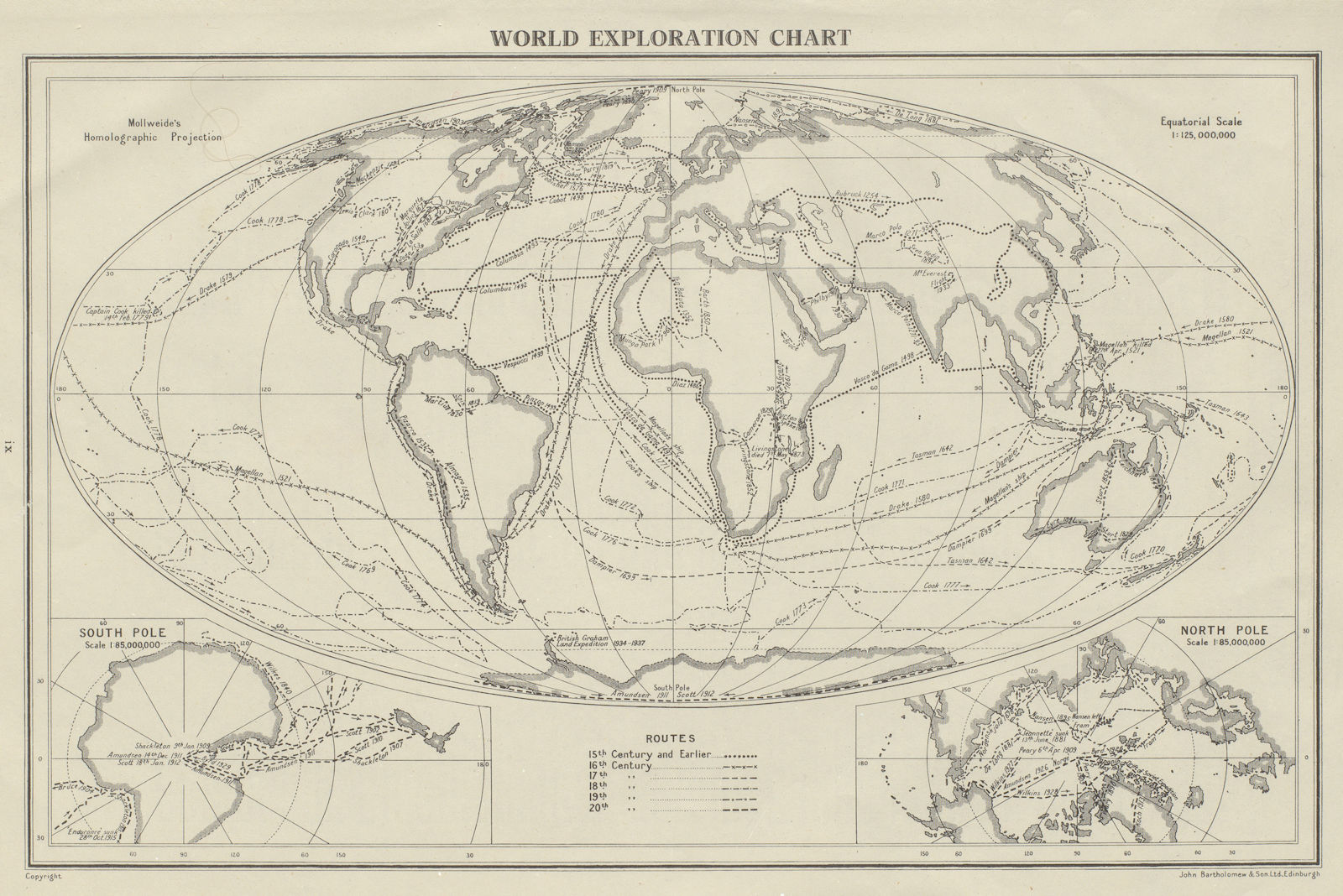 WORLD EXPLORATION. Explorers routes dates centuries. BARTHOLOMEW 1947 old map