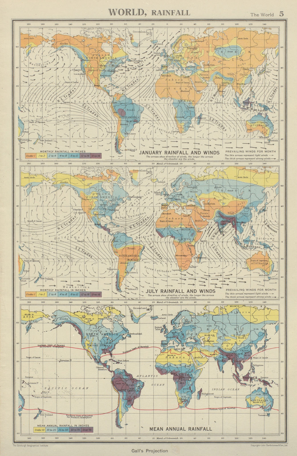 WORLD RAINFALL & WINDS. January July Mean annual. BARTHOLOMEW 1947 old map