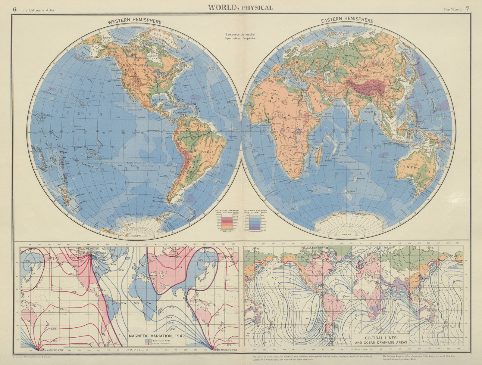 WORLD MAGNETIC VARIATION & COTIDAL LINES. Physical. Ocean Drainage 1947 map