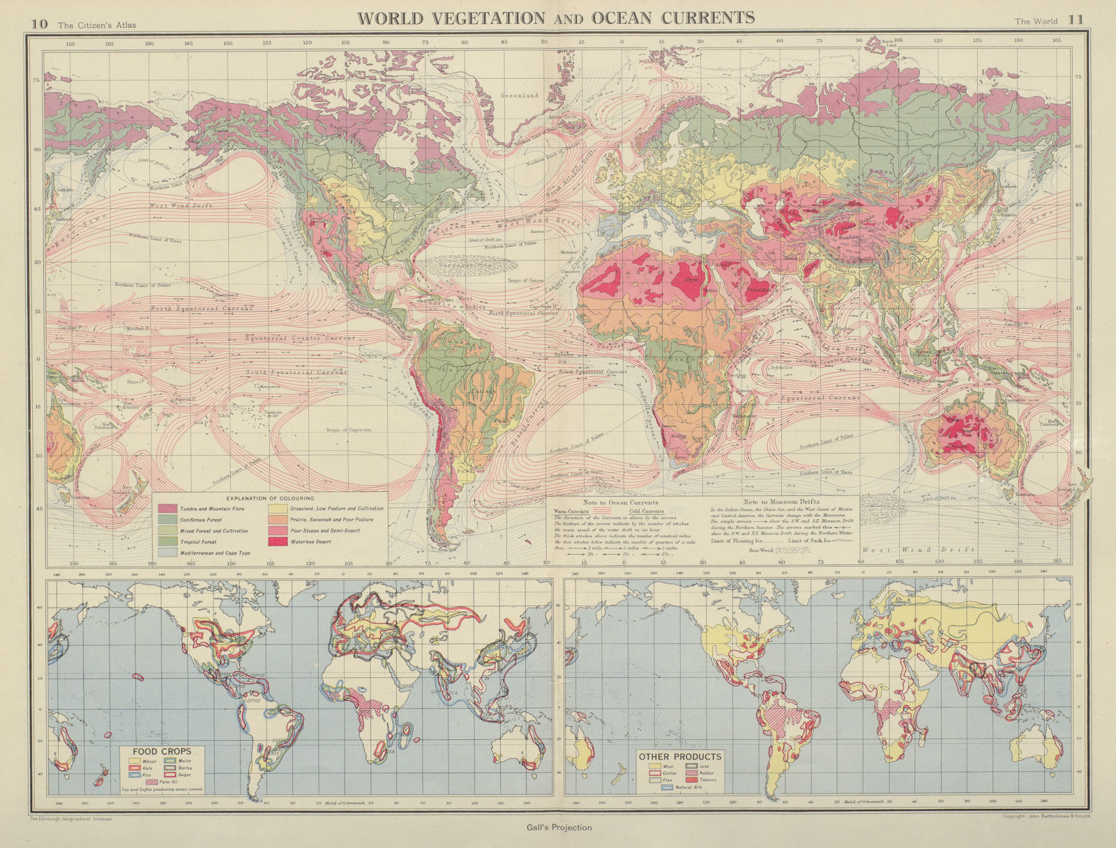 WORLD. Vegetation. Ocean Currents. Food crops. Agricultural commodities 1947 map