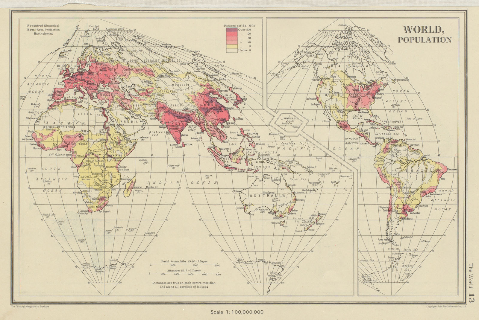 WORLD POPULATION. Sinusoidal equal area projection. BARTHOLOMEW 1947 old map