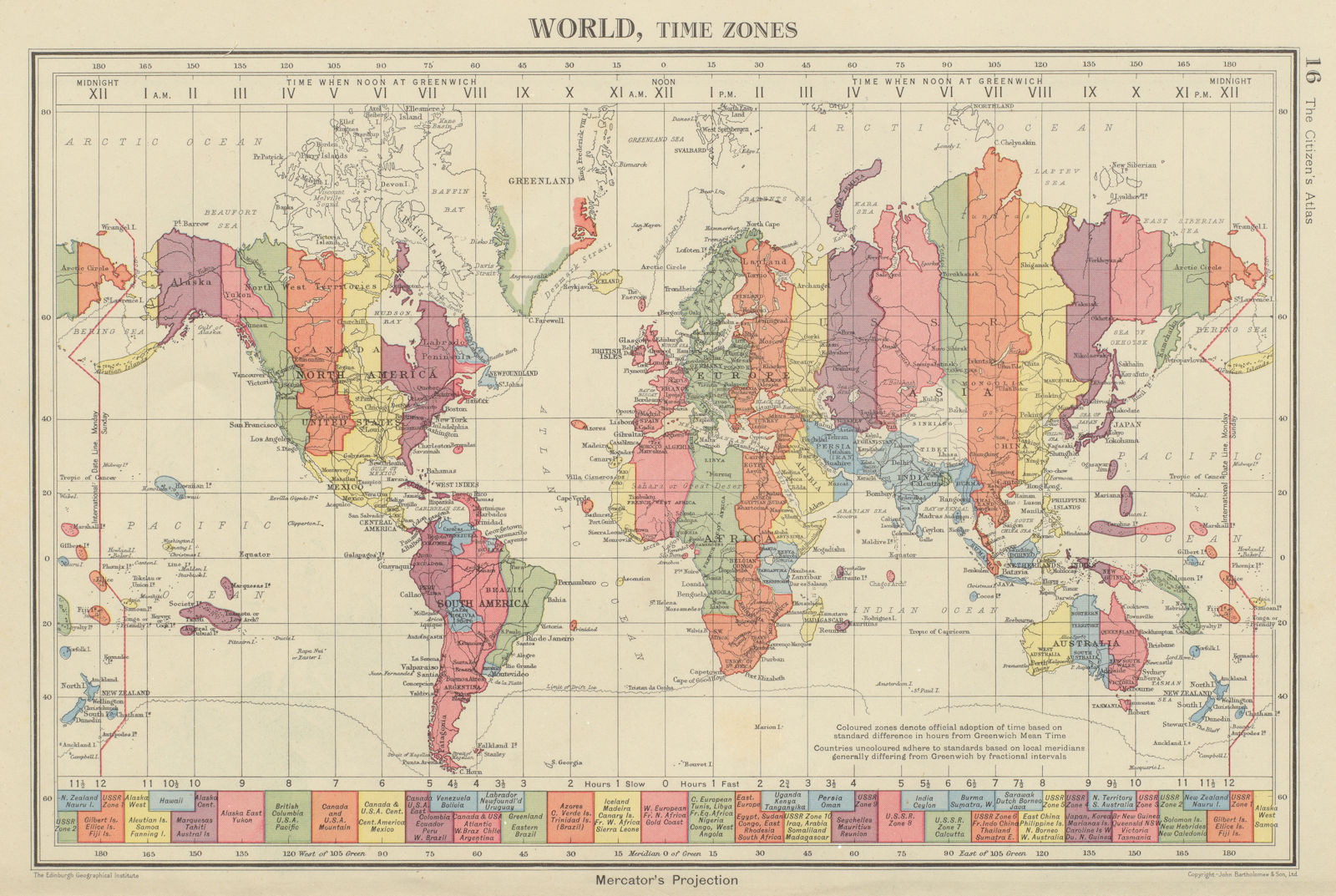 Associate Product WORLD. Time Zones. UK Ireland Spain & France on same zone. BARTHOLOMEW 1947 map