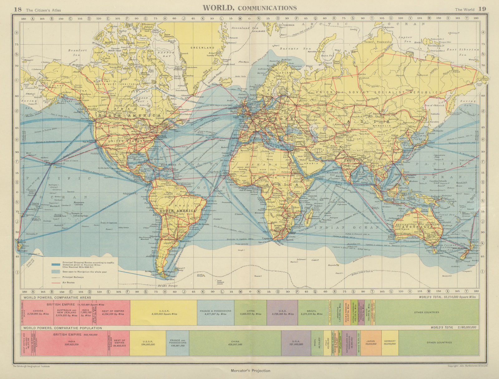 WORLD COMMUNICATIONS. air/shipping routes railways. BARTHOLOMEW 1947 old map