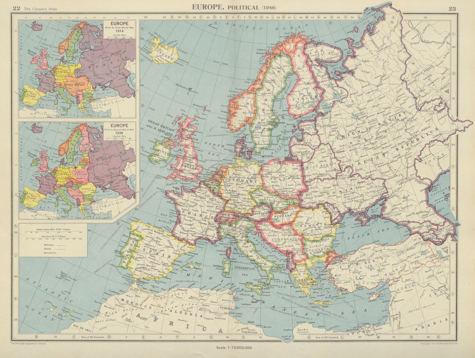 EUROPE in 1946 & 1914/38. Post WW2 borders. Poland pre 1948-58 changes 1947 map