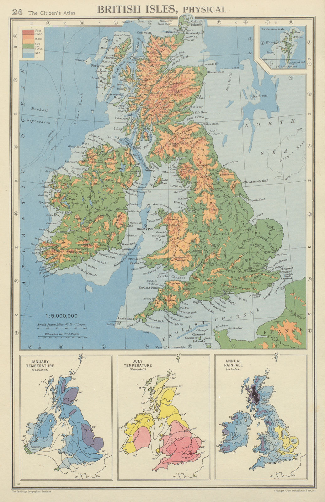 BRITISH ISLES PHYSICAL & CLIMATE. January July temperature. Rainfall 1947 map