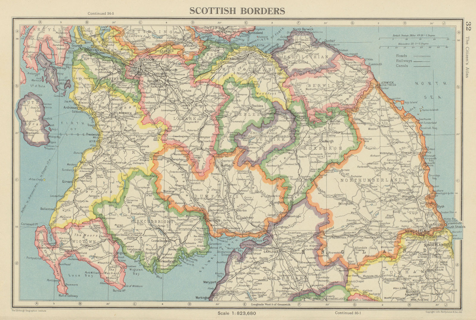 SCOTTISH BORDERS. Scotland south. BARTHOLOMEW 1947 old vintage map plan chart