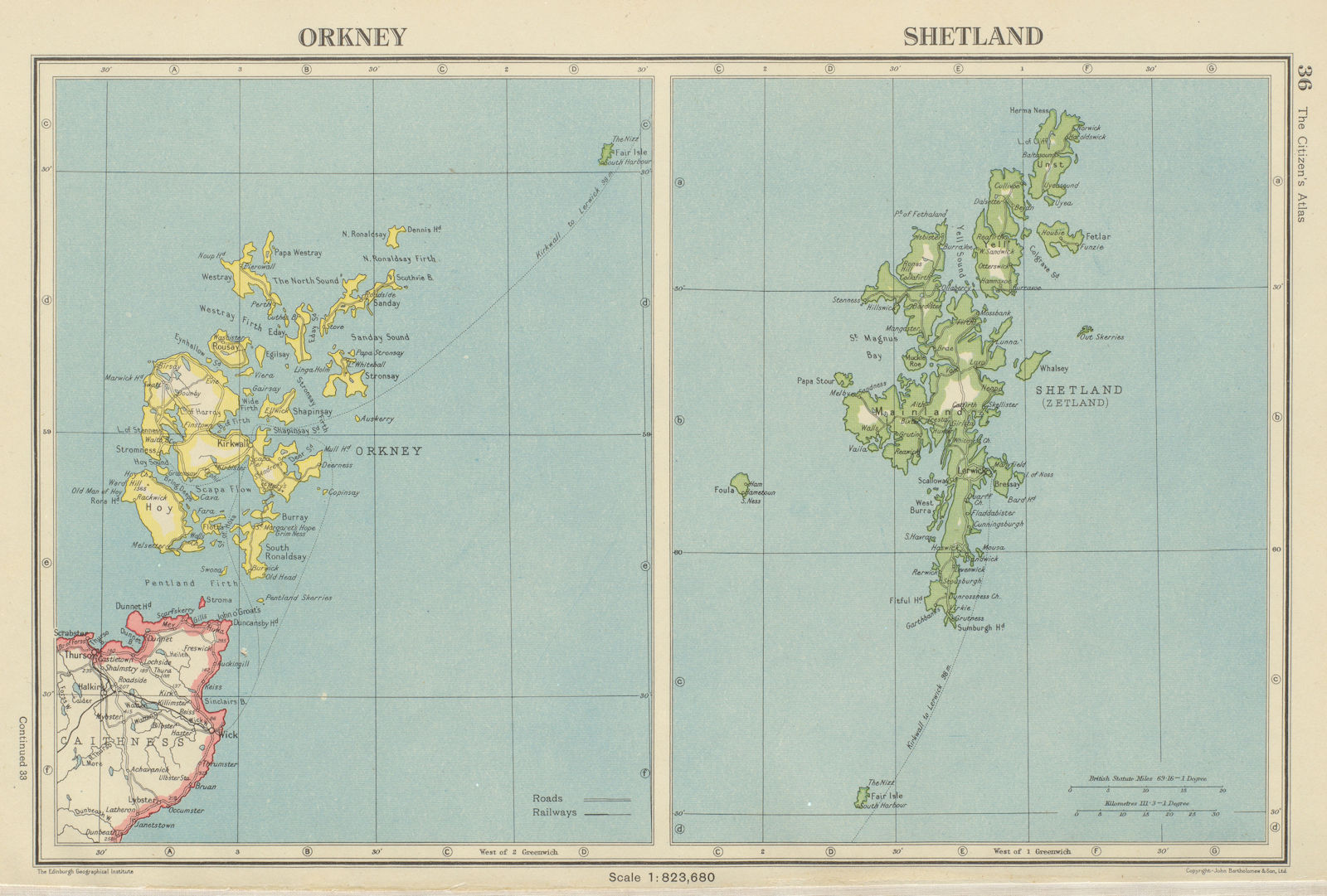 SCOTLAND. Orkney & Shetland Islands. BARTHOLOMEW 1947 old vintage map chart