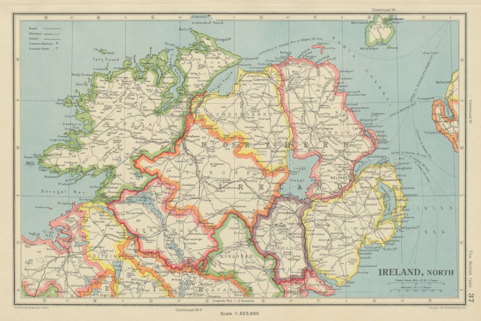 NORTHERN IRELAND. Ulster. Antrim Armagh Tyrone Londonderry. BARTHOLOMEW 1947 map