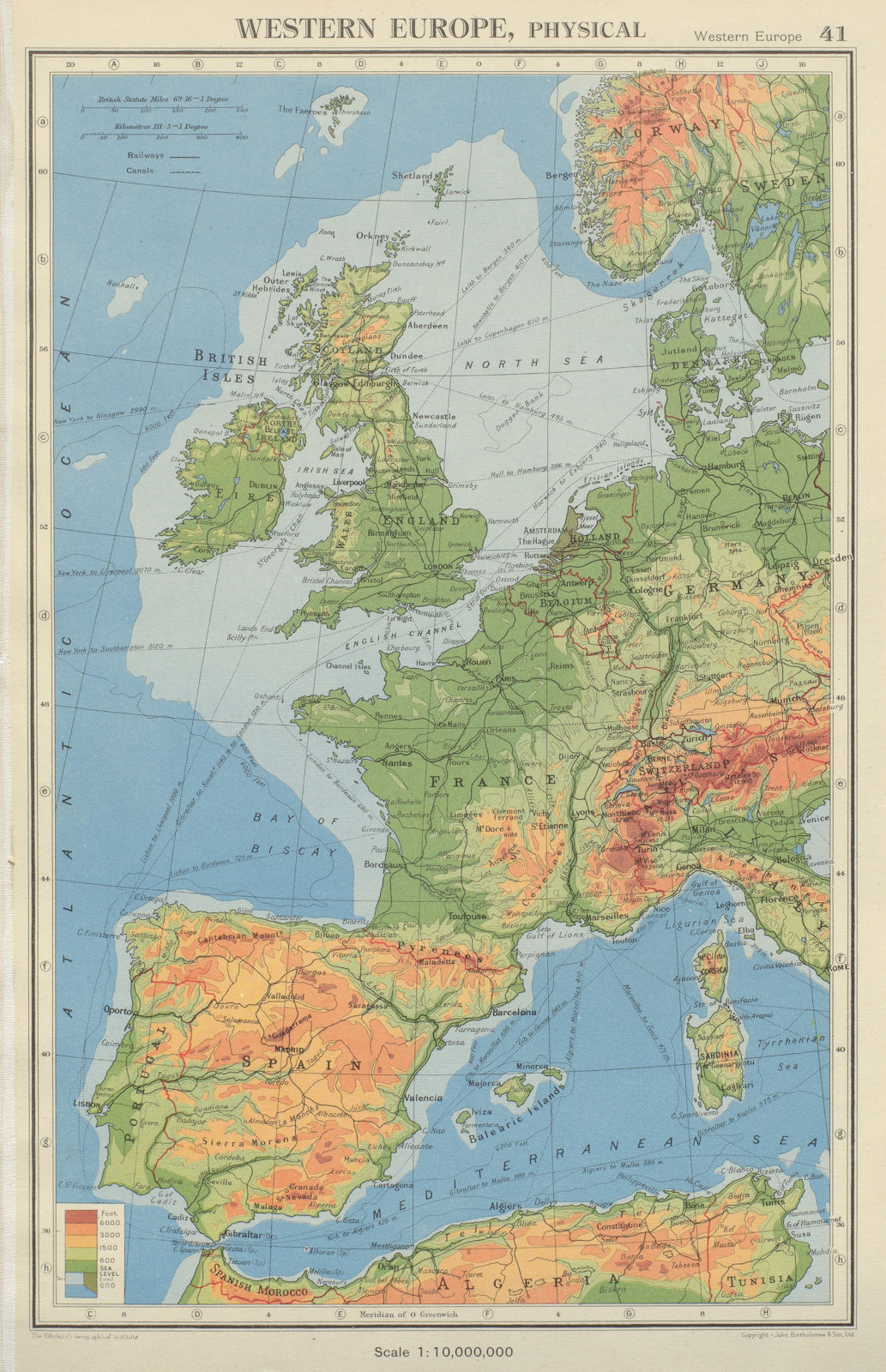 Associate Product WESTERN EUROPE. Physical & main railways. BARTHOLOMEW 1947 old vintage map