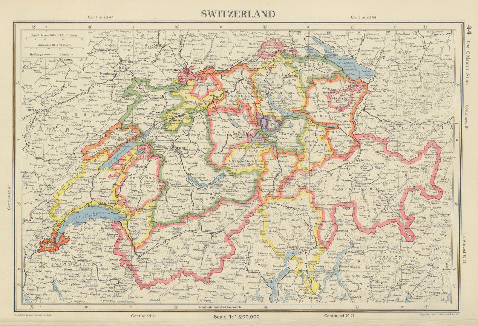 SWITZERLAND. showing cantons & railways. BARTHOLOMEW 1947 old vintage map