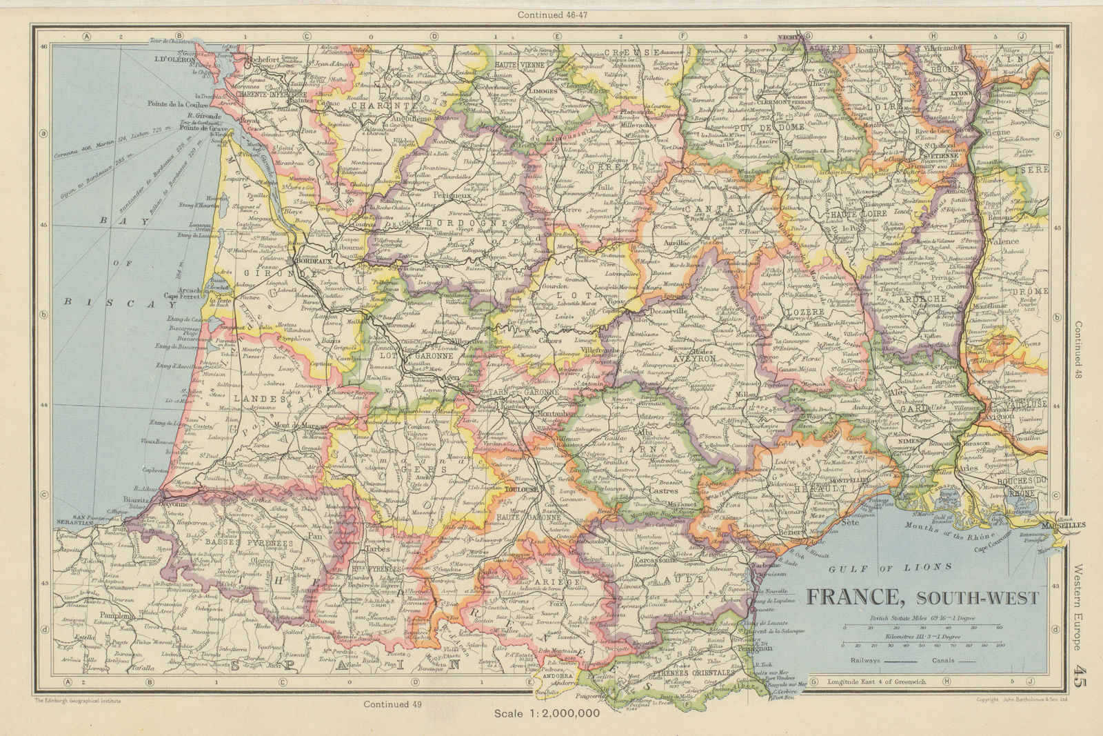 FRANCE SOUTH-WEST. Departements. BARTHOLOMEW 1947 old vintage map plan chart