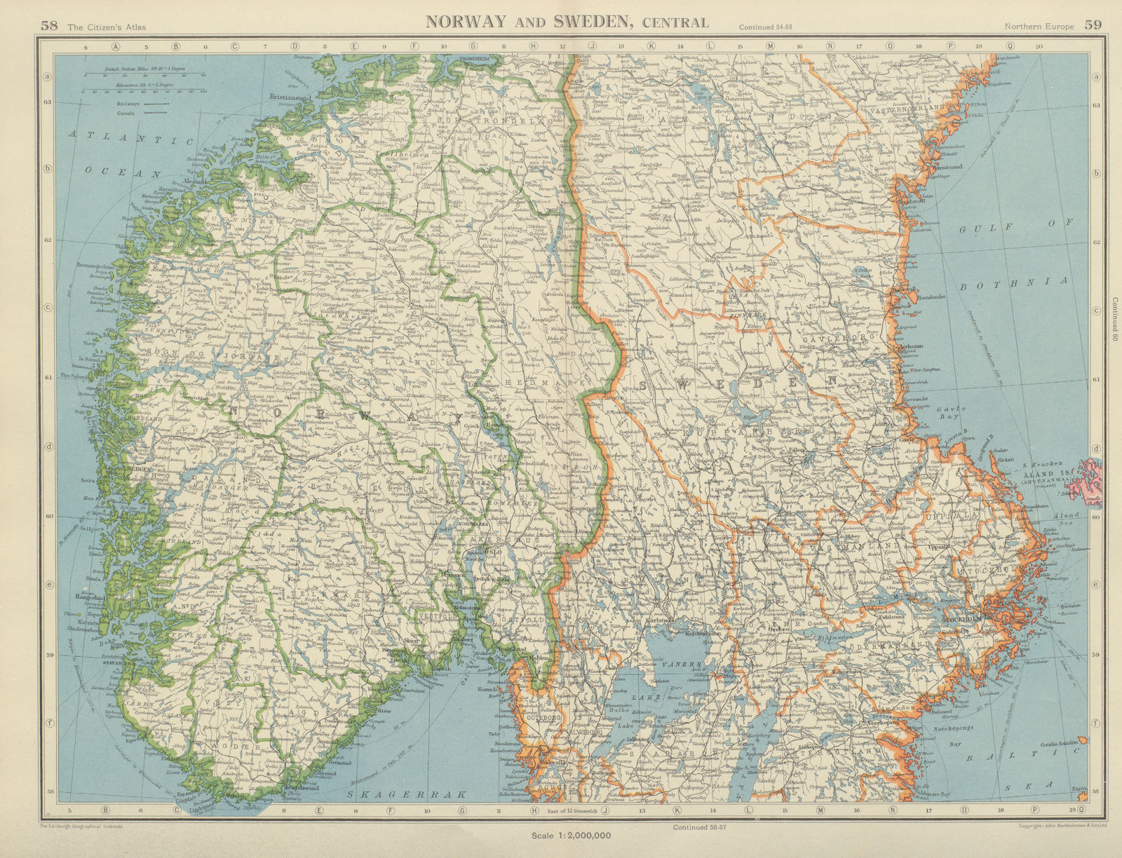 SCANDINAVIA. Norway and Sweden, Central. Railways. BARTHOLOMEW 1947 old map