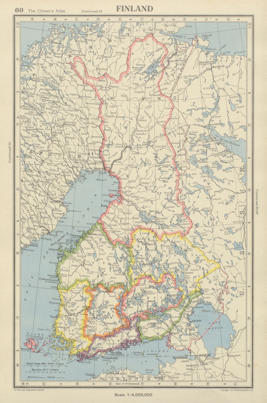 FINLAND showing provinces, and pre-1940 & 1944 borders/changes 1947 old map