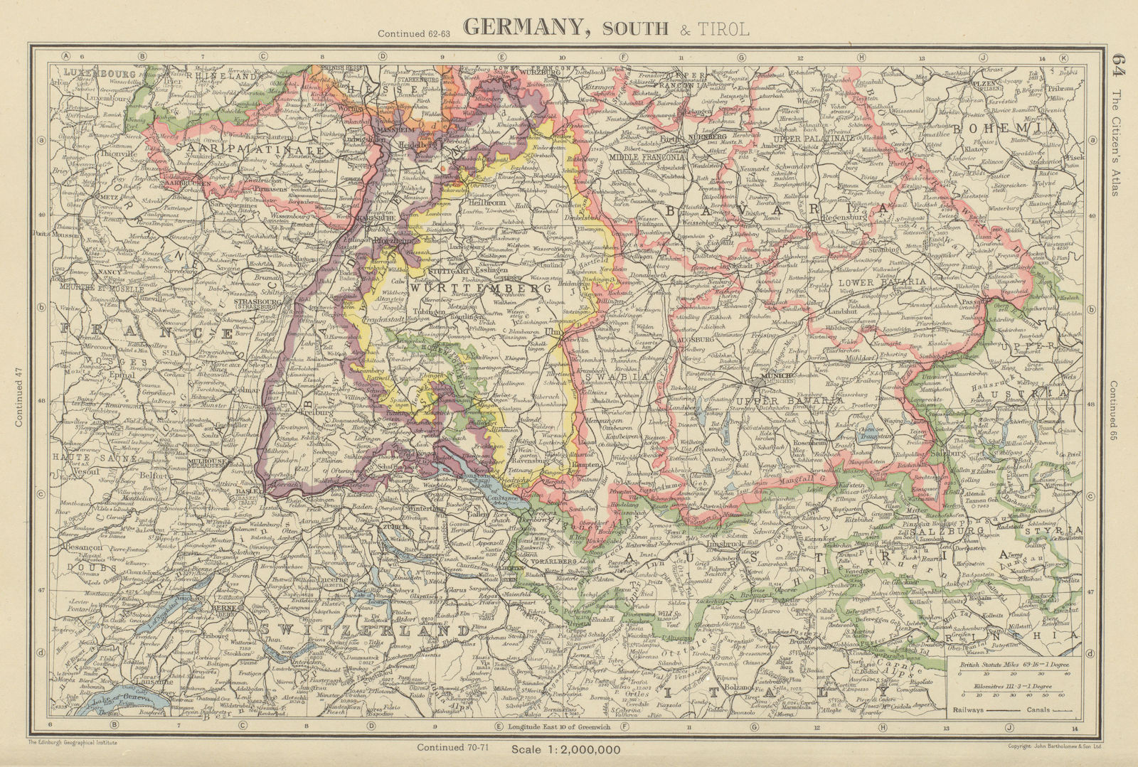 SOUTHERN GERMANY. Bavaria Wurttemberg Saar Baden. BARTHOLOMEW 1947 old map