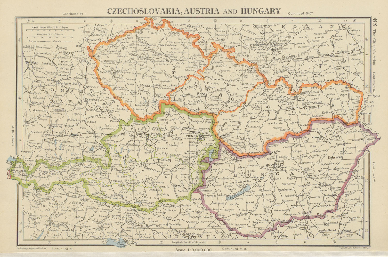 Associate Product CZECHOSLOVAKIA, AUSTRIA & HUNGARY. Central Europe post WW2 borders 1947 map
